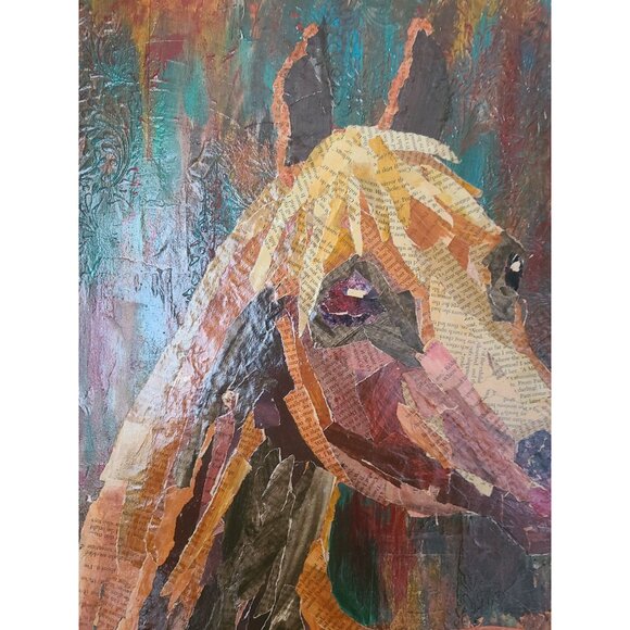 Arabian Horse Mixed Media Torn Paper Collage Art 16"x20" On Cradled‎ Wood Panel - Picture 5 of 8